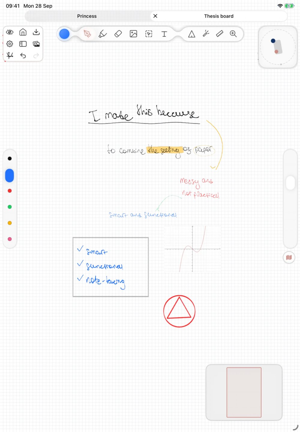A real Pencora infinite board: notes, a checklist, graphs and a triangle spread far apart; the view zooms out over the whole board and dives into each cluster