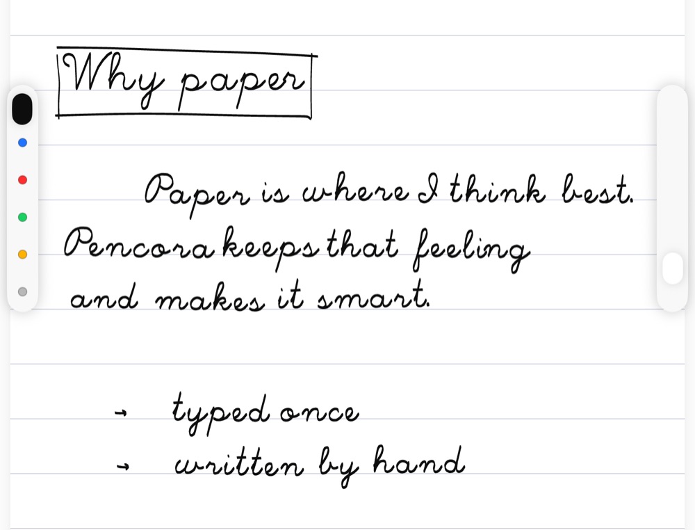A lined page with a heading, two paragraphs and a list, written by Pencora in handwriting from typed Markdown