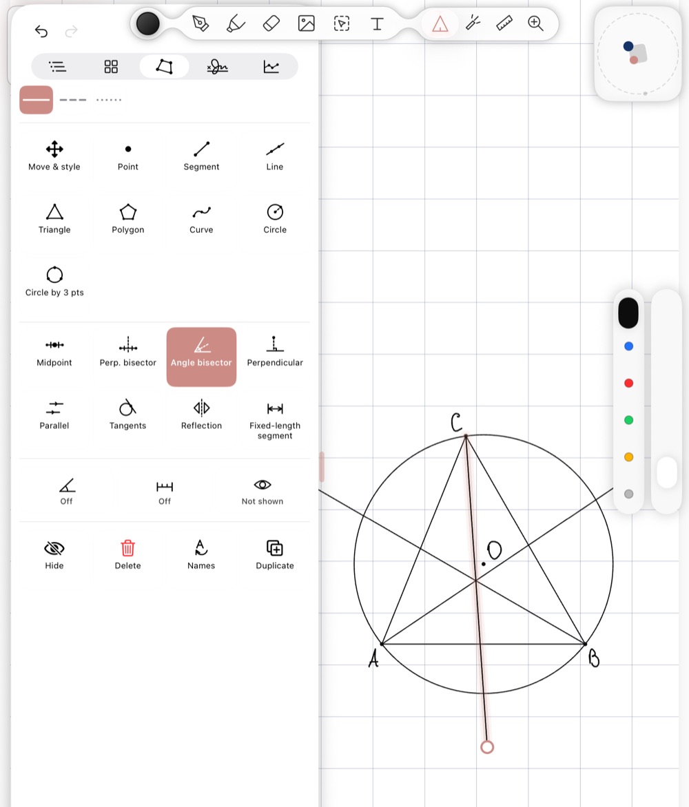 The geometry tools panel beside a triangle with its circumcircle and three angle bisectors, labelled A, B, C and O in handwriting