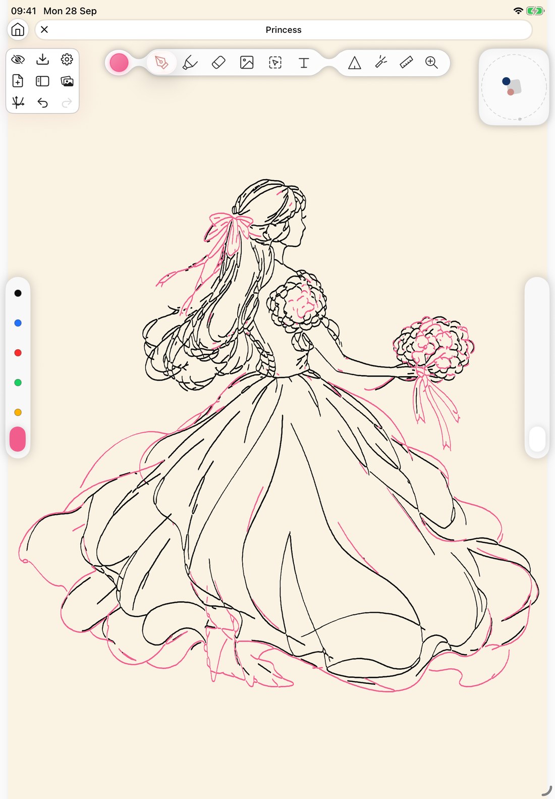 A real Pencora page on Ivory paper: a princess in a flowing ball gown holding a bouquet, drawn in black and pink ink