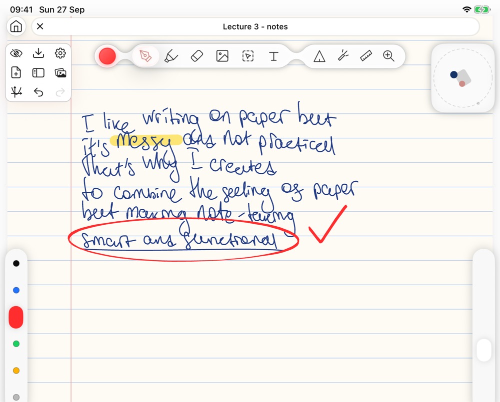 The same page imported into Pencora as editable ink, with a red circle and a check mark added on top