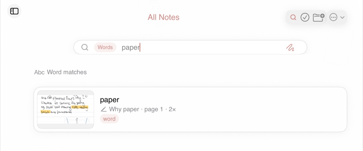 Home search in Words mode: typing “paper” finds the handwritten word in the notebook “Why paper”, page 1, twice